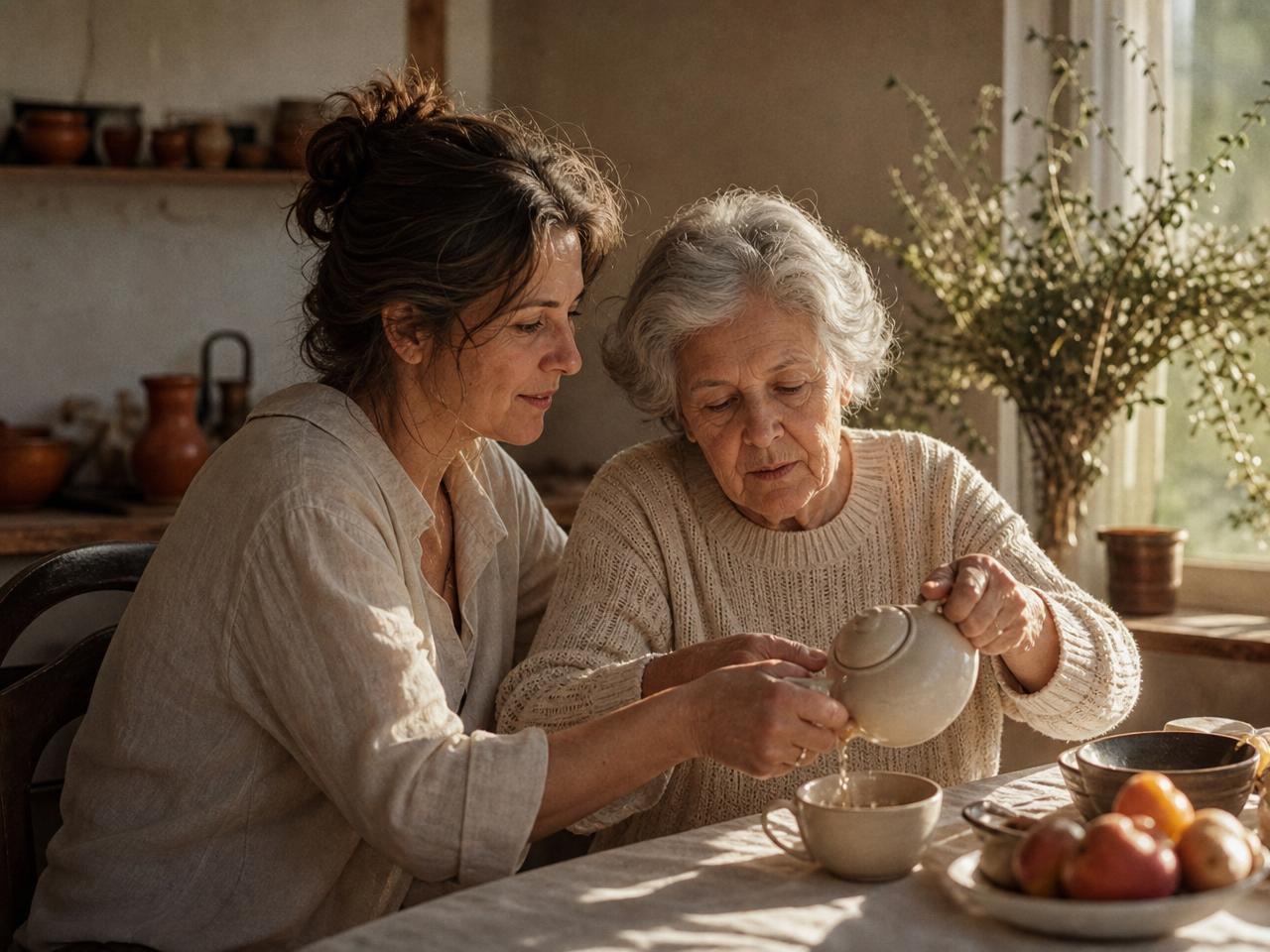 Adult child gently helping an elderly parent at home