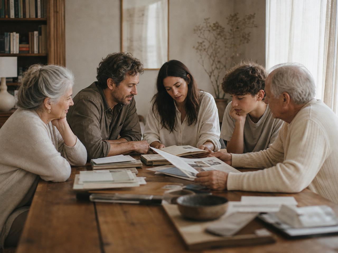 Three generations of a family around a table with documents
