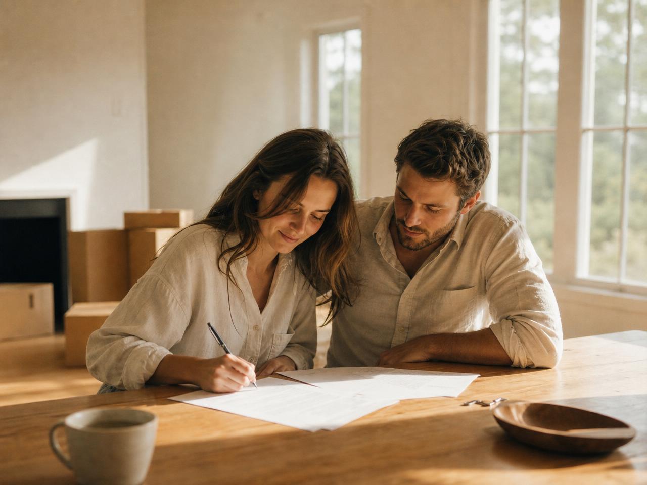 Young couple signing documents at a sunlit table, warm afternoon light