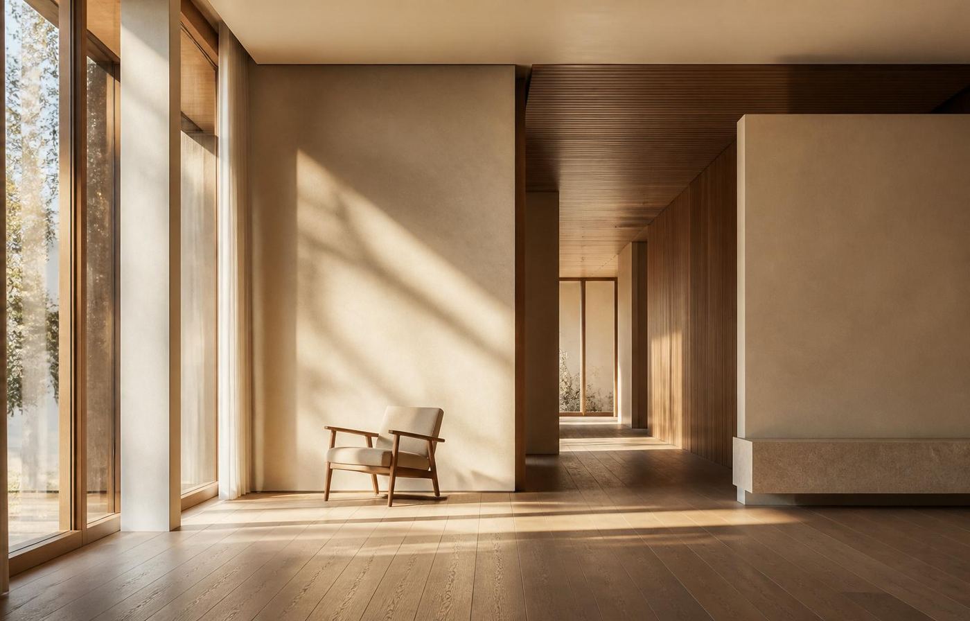 Quiet minimal architectural interior with morning light pouring through tall windows