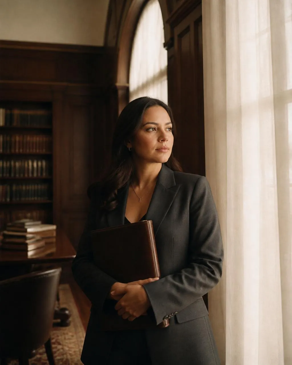 Empty historic American courtroom at golden hour