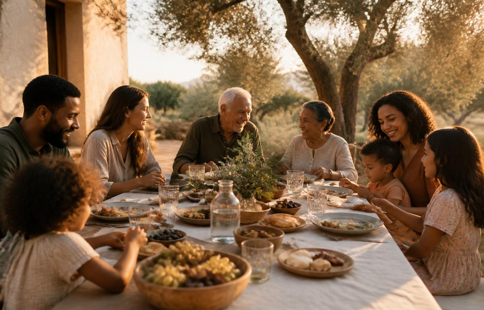 A multi-generational family gathered at a long outdoor table at golden hour