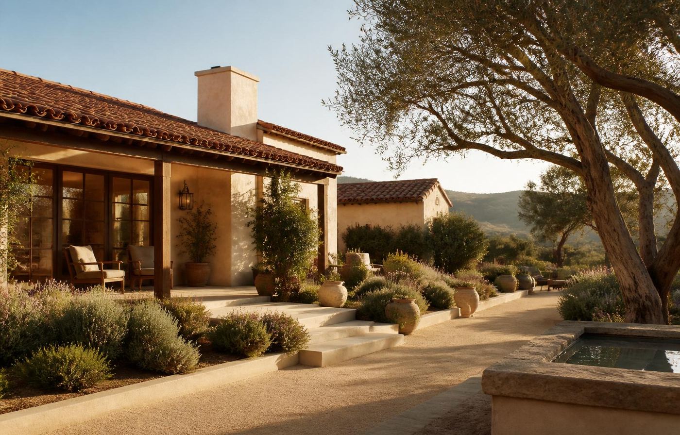 Sunlit coastal Southern California home with mature olive trees at golden hour