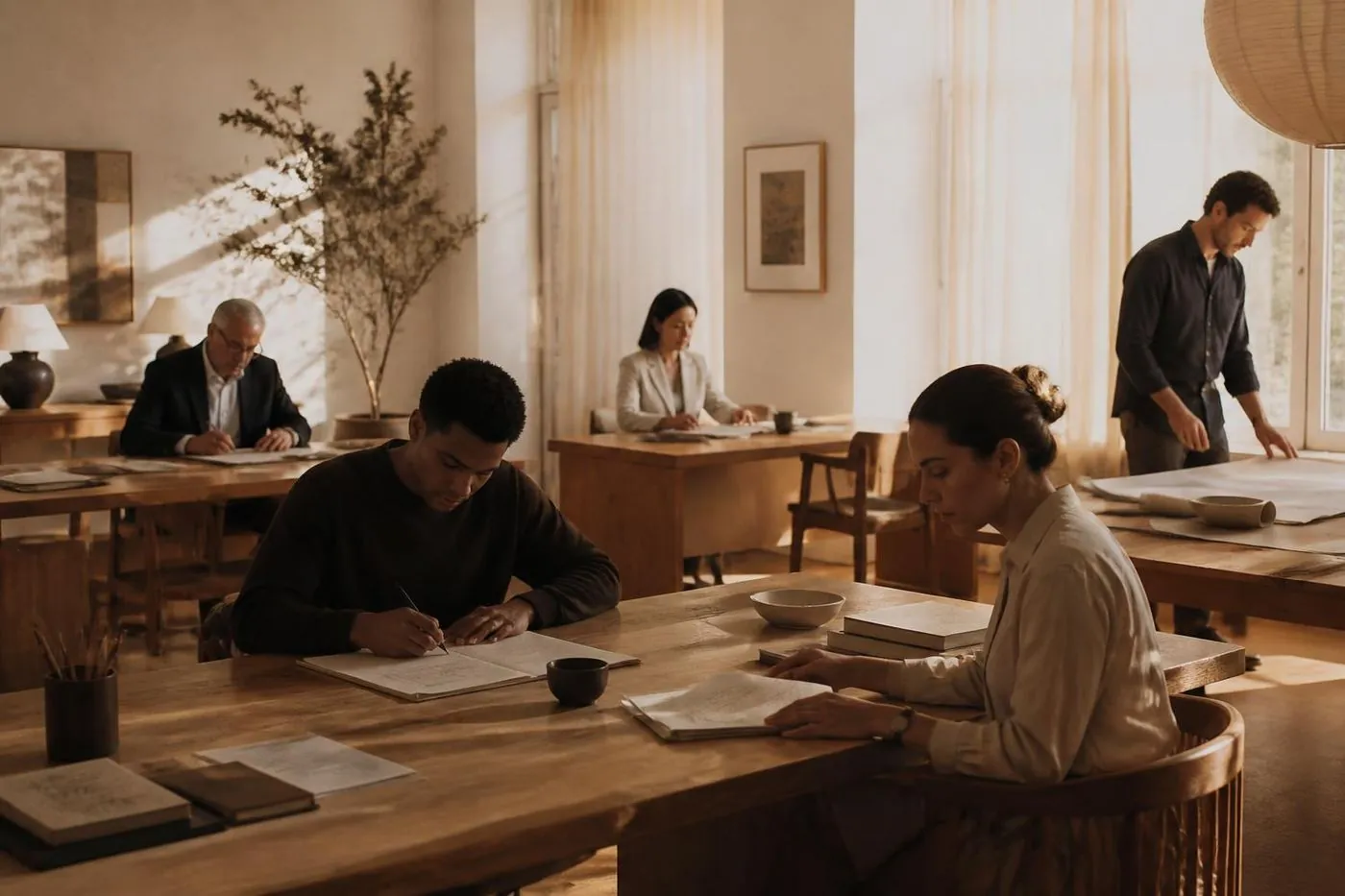 A diverse group of trusted professionals - an attorney, a realtor, an advisor, and a contractor - working calmly in a sunlit shared workspace.