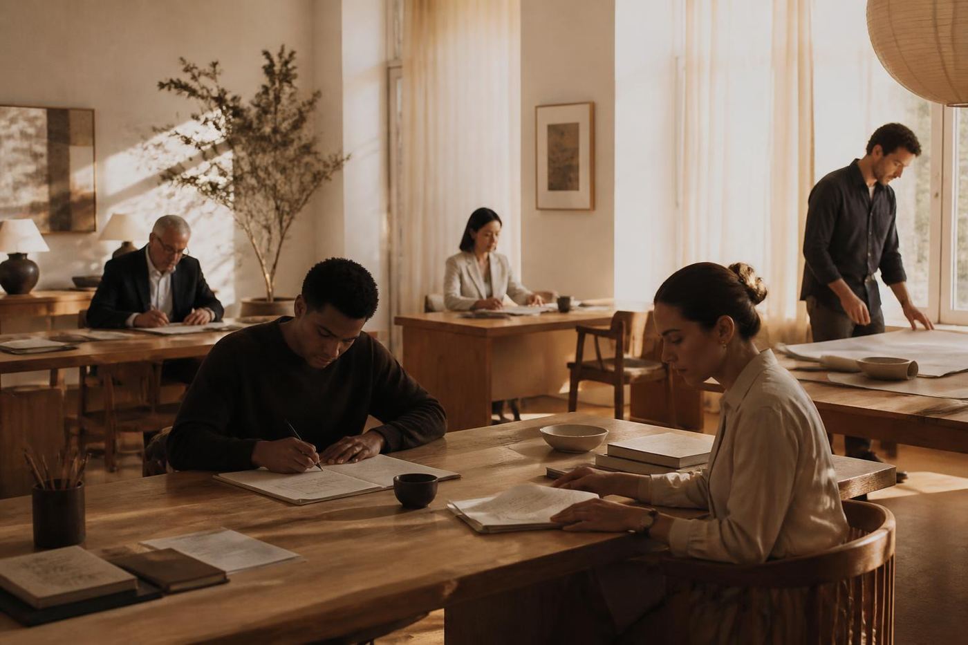A diverse group of trusted professionals - an attorney, a realtor, an advisor, and a contractor - working calmly in a sunlit shared workspace.