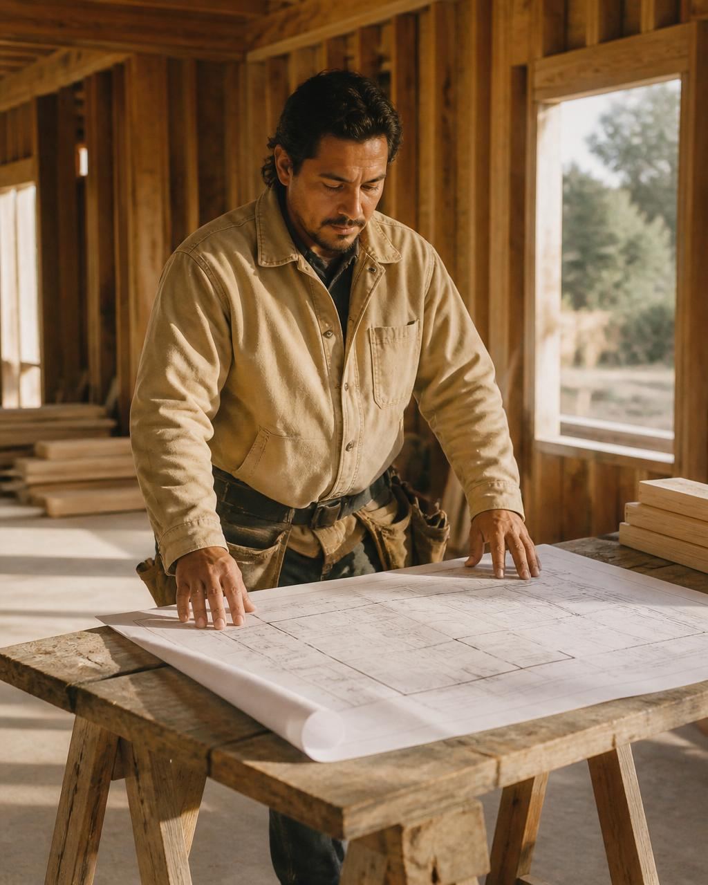 Custom-home builder reviewing plans on a sunlit framed-up residential site