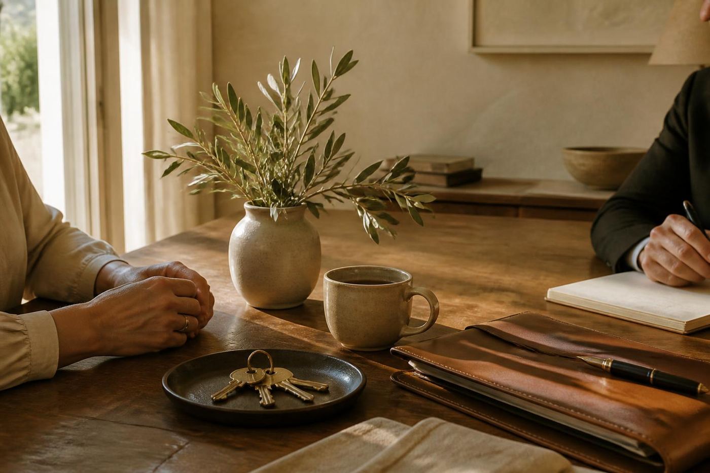 A warm oak table at golden hour with brass house keys, a leather estate folder, a fountain pen, and a ceramic mug - shared between an attorney, a realtor, and a family.