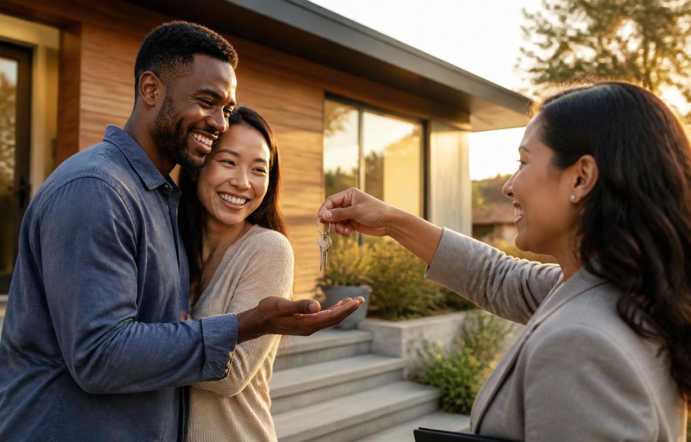 A realtor handing house keys to a young couple in front of a warm modern home