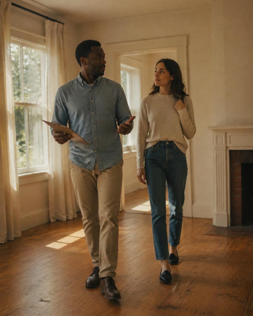 Agent unlocking the front door of a townhome for a young couple