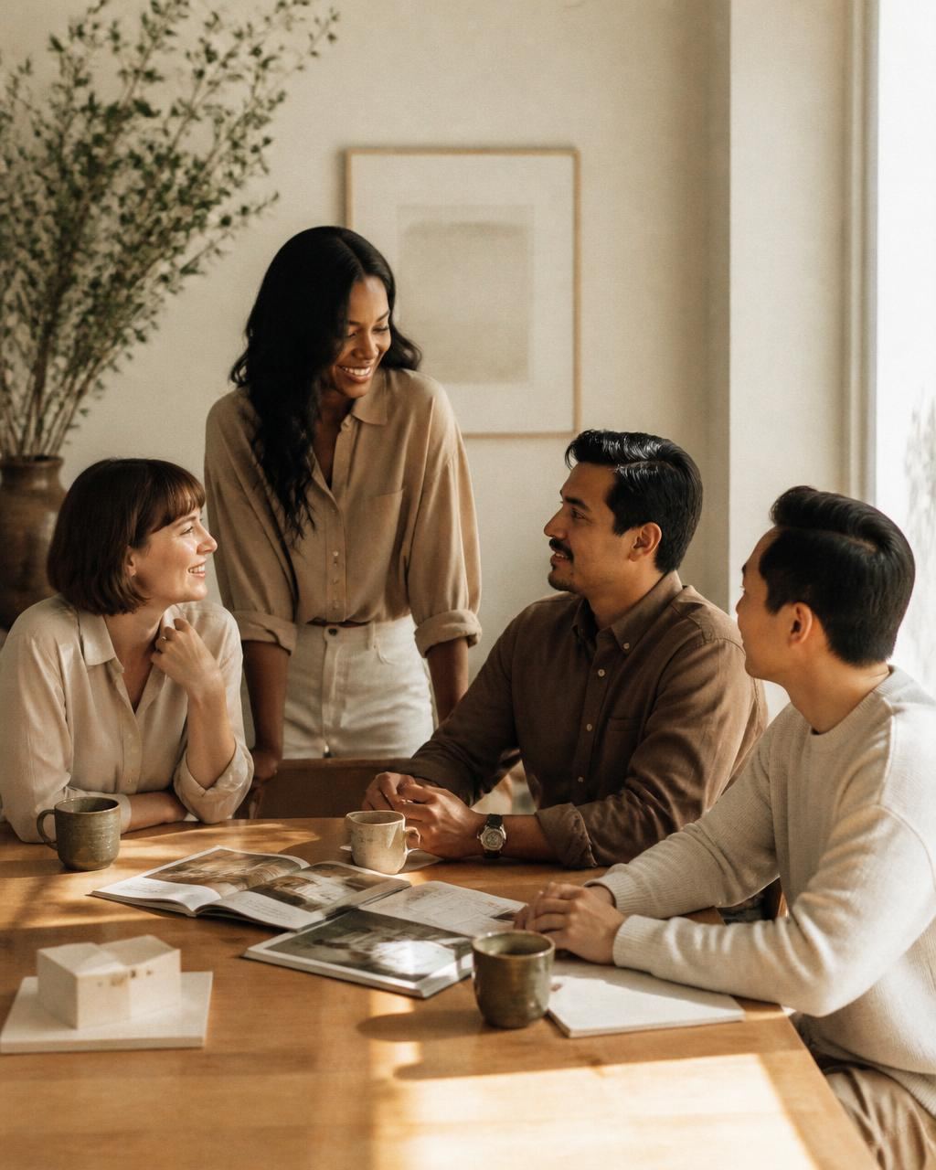 Three agents reviewing listing sheets in a sunlit brokerage office