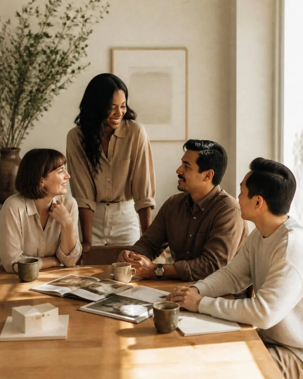 Three agents reviewing listing sheets in a sunlit brokerage office