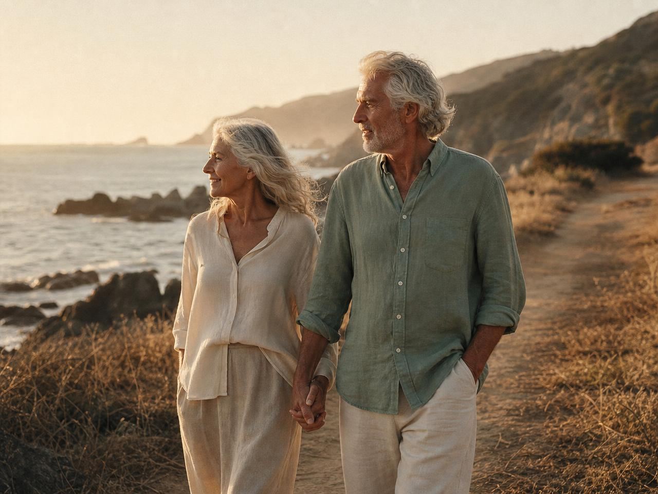 Couple outdoors at golden hour, relaxed and unhurried