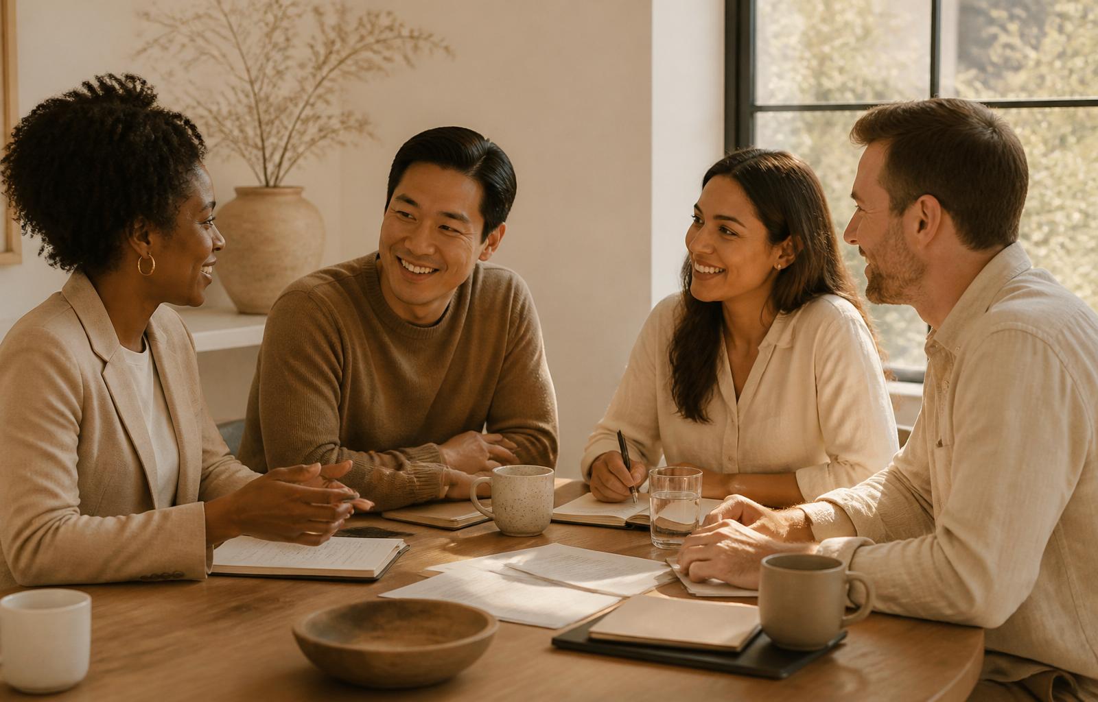 Four diverse trusted professionals in calm conversation around a sunlit wooden table