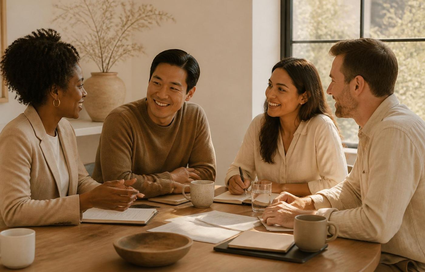 Four diverse trusted professionals in calm conversation around a sunlit wooden table