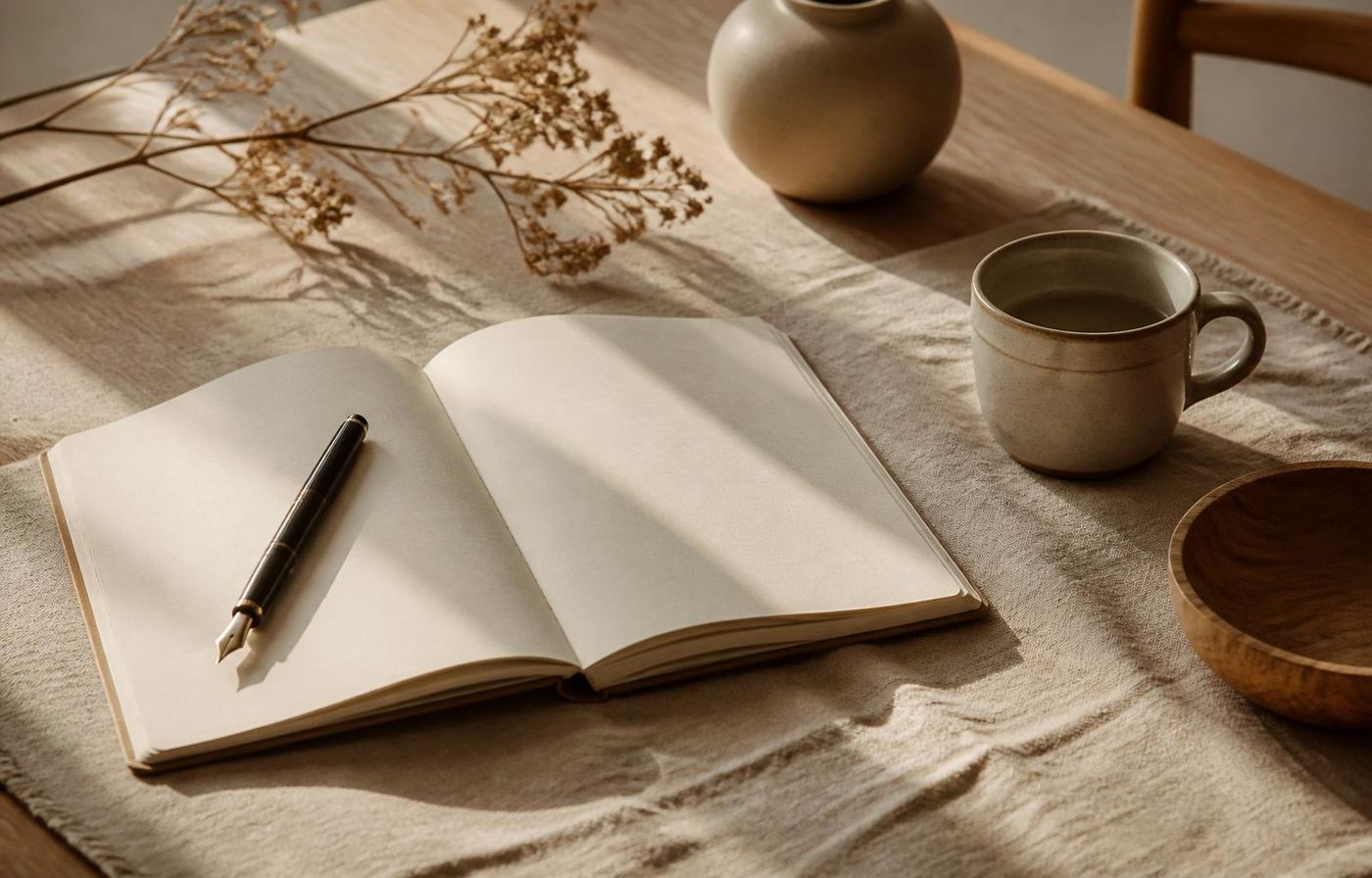 A quiet wooden desk with an open notebook, pen, and morning light across linen
