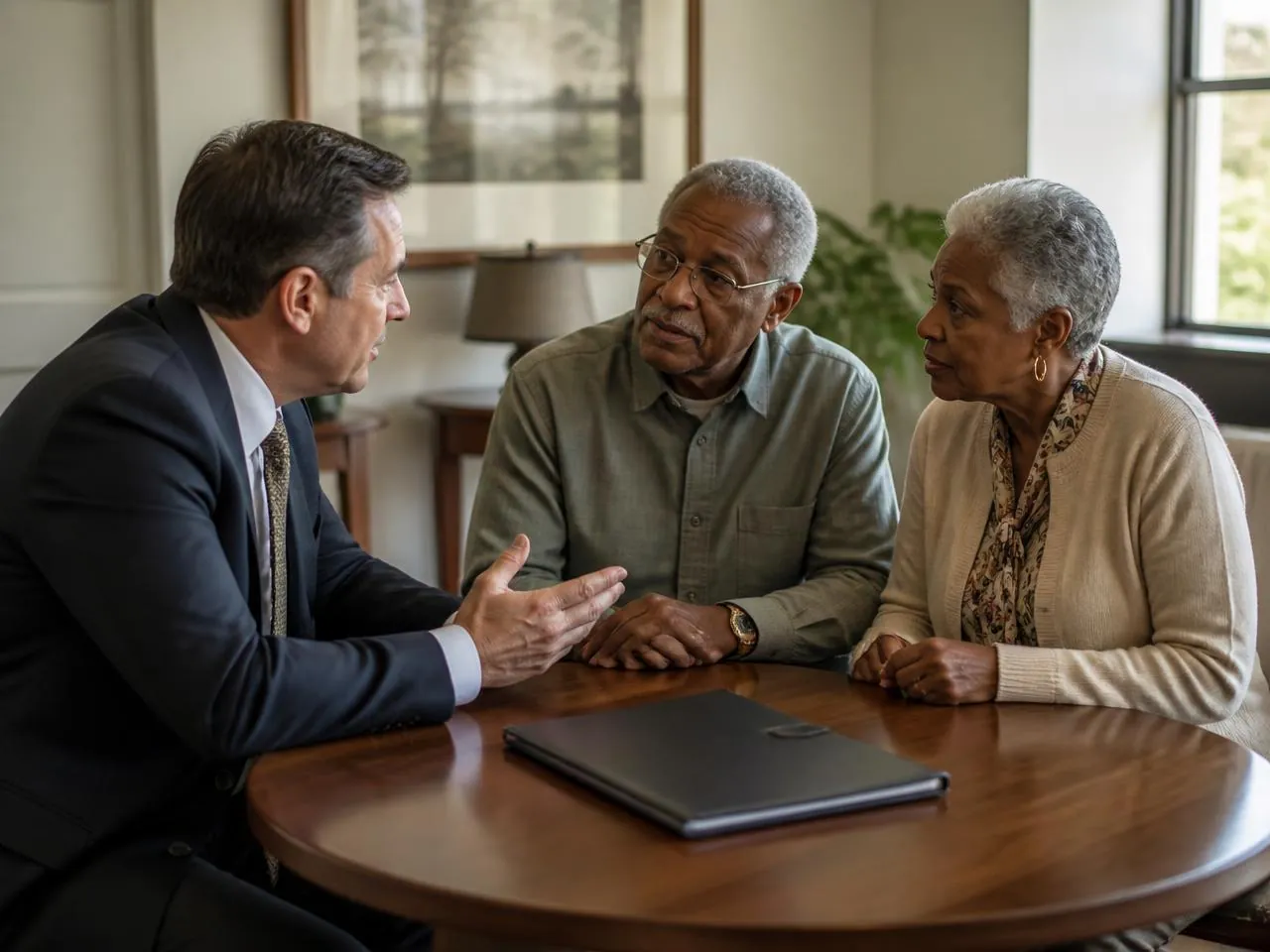 A male attorney seated at an angle beside an older couple, discussing a single estate planning folder in a sunlit consultation room