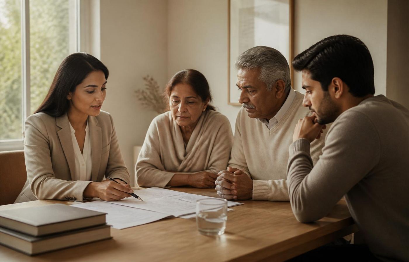 An attorney reviewing trust and estate documents with a multi-generational family