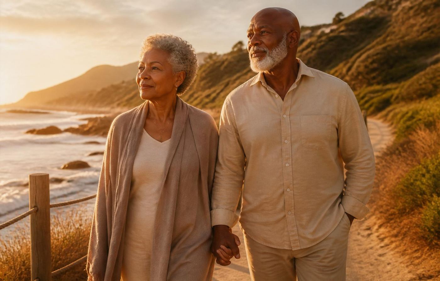 An older couple walking together on a sunlit coastal path at golden hour